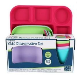 Your Zone 24-Piece Plastic Square Dinnerware Set for Kids with 4 Each Trays, Bowls, Plates, Cups, Forks, Spoons in Pink, Purple, Aqua, Green